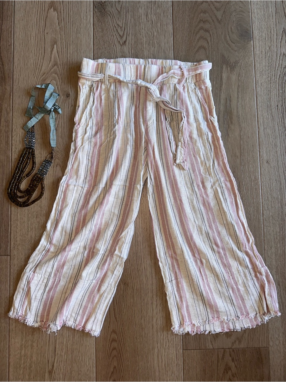 Cloth & Stone Striped Wide-Leg Tie Waist Pants in Cream and Blush